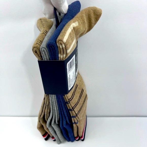 TOMMY HILFIGER,MEN’S DRESS CREW SOCKS, 4 PAIRS DECORATIVE TAN,GREY, BLUE 1 SIZE - Picture 2 of 16